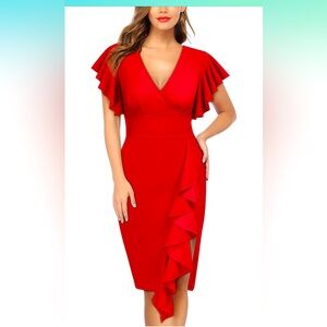 Knitee Women's Deep-V Neck Ruffle SleevesCocktail Party Pencil Slit Formal Dress